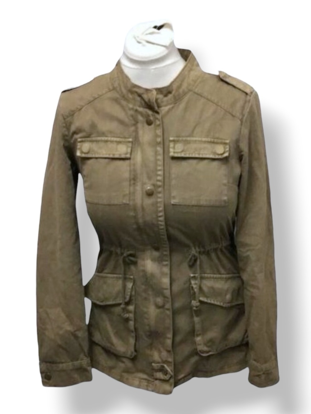 British Khaki Women’s Cotton Jacket VTG Military Pocket Drawstring Waist Olive S